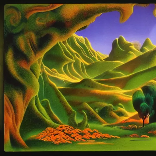 Prompt: verdant wonderland, matte painting from Fantasia (1940)