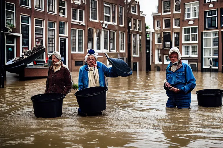 Image similar to closeup potrait of Dutch people with buckets in a flood in Amsterdam, photograph, natural light, sharp, detailed face, magazine, press, photo, Steve McCurry, David Lazar, Canon, Nikon, focus