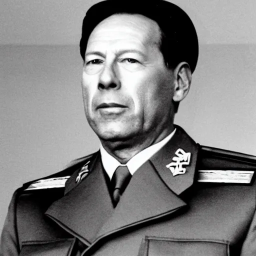 Prompt: Bruce Willis as Mao Zedong, leader of China. He is dressed like a military dictator, and is in a conference with Soviet Leaders in Siberia.