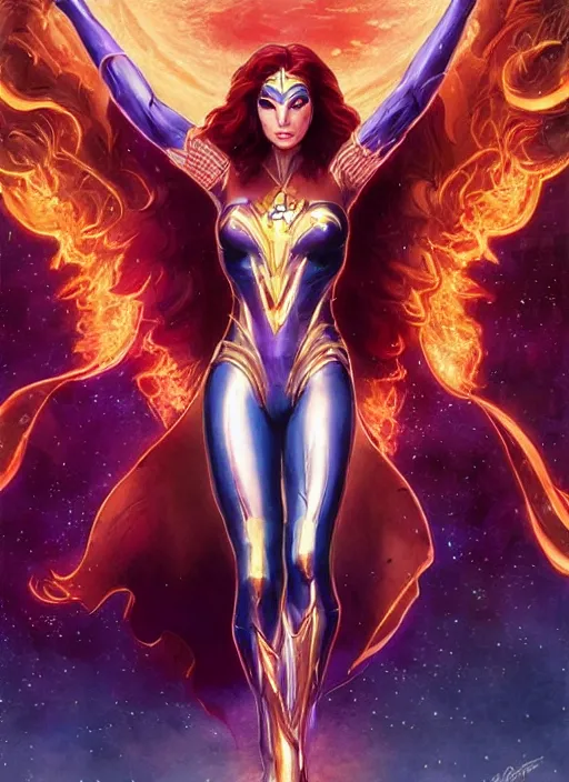 Image similar to front portrait hands behind body pose of attractive Gal Gadot as Starfire with ginger wavy hair, hands behind her body pose!, Intricate overlay flames imagery , D&D!, fantasy style, sharp focus!, ultra detailed, art by Artgerm and Peter Andrew Jones, WLUP