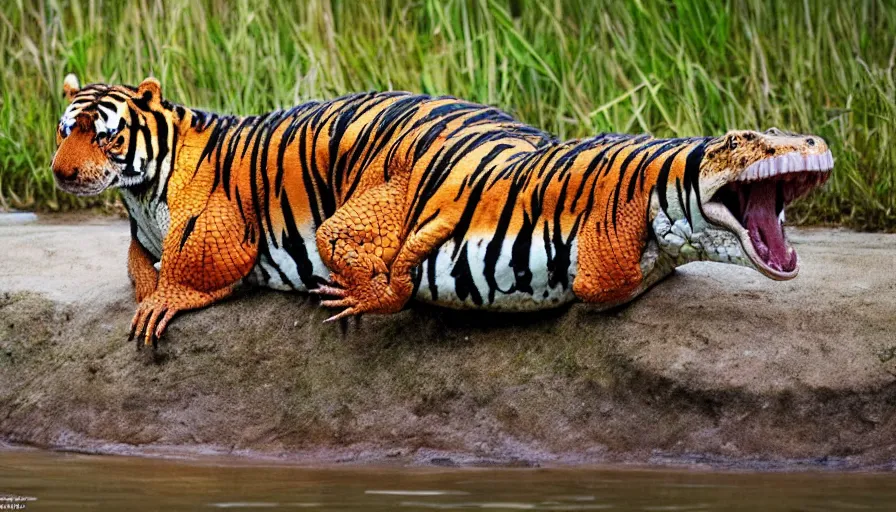 Image similar to an alligator tiger!!! hybrid! hyper realistic!! realistic lighting!! wildlife photographer of the year!!! bold natural colors, national geographic, hd, wide angle, 8 k