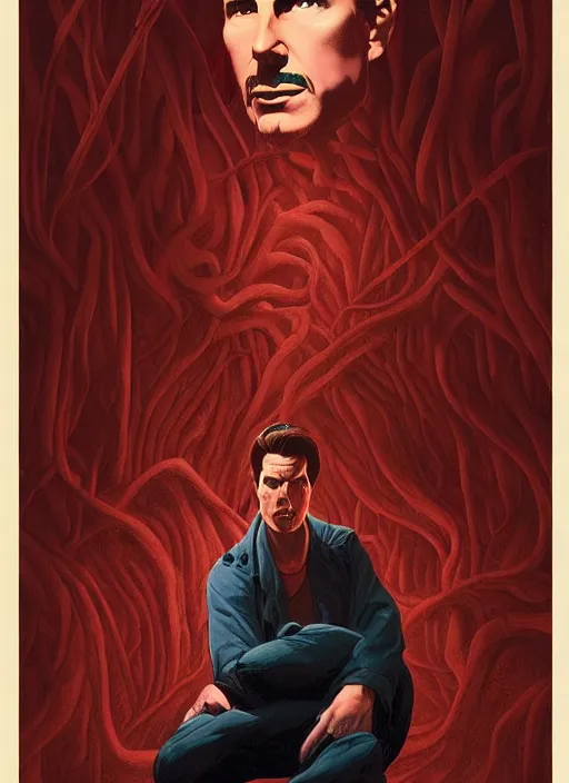 Prompt: Twin Peaks poster artwork by Michael Whelan and Tomer Hanuka, Karol Bak, Rendering of Tom Cruise at his lowest point, evil taking advantage and possesses him from scene from Twin Peaks, full of details, by Makoto Shinkai and thomas kinkade, Matte painting, trending on artstation and unreal engine