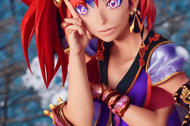 Image similar to character Lina Inverse from anime Slayers (1995 – 2009), rendered in Cinema 4D and Octane and Unreal Engine 5, hyperrealism, full body photogenic shot, digital render, cinematic lighting ornate earrings, 8k resolution, masterpiece work