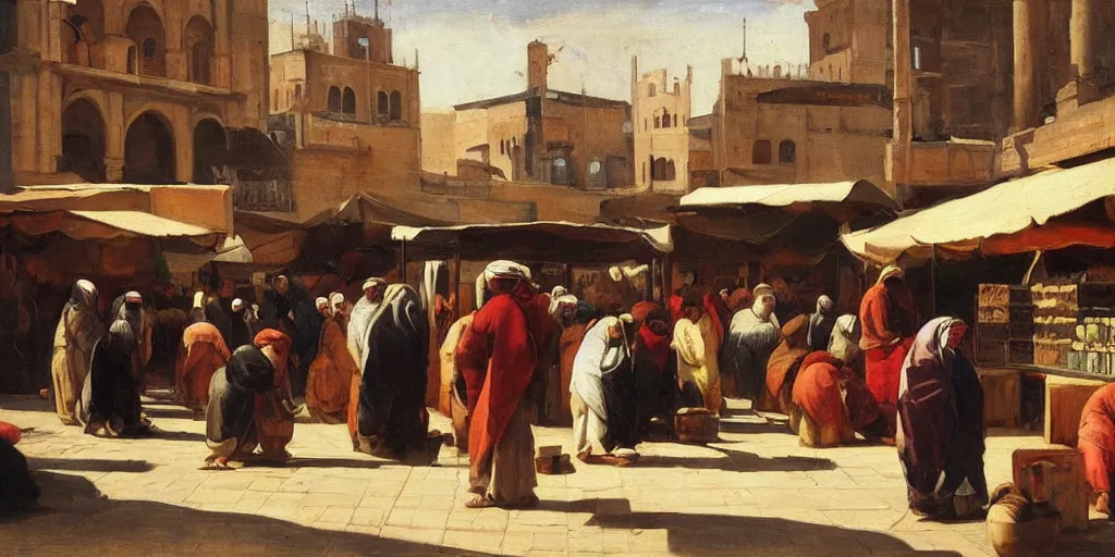 Image similar to painting of an arabic market in city square, art by jusepe de ribera, hd, smooth, sharp focus, canvas, painting, oil painting