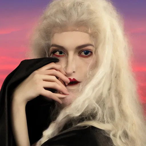 Prompt: a beautiful english woman with a long face narrow nose pale skin blue eyes red lips and wild messy tangles of curly white blonde hair, high resolution film still wearing a black robe and skull necklace and holding a crescent moon spade, sandy, a journey to the west