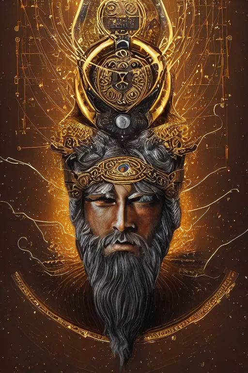 Prompt: mythological odin all father supreme God of thunder and artificial intelligence creating himself with an artificial neural network with gold synapses on an anvil, high resolution, award winning art, trending on art station, sharp image, incredibly detailed, detailed character realistic painting