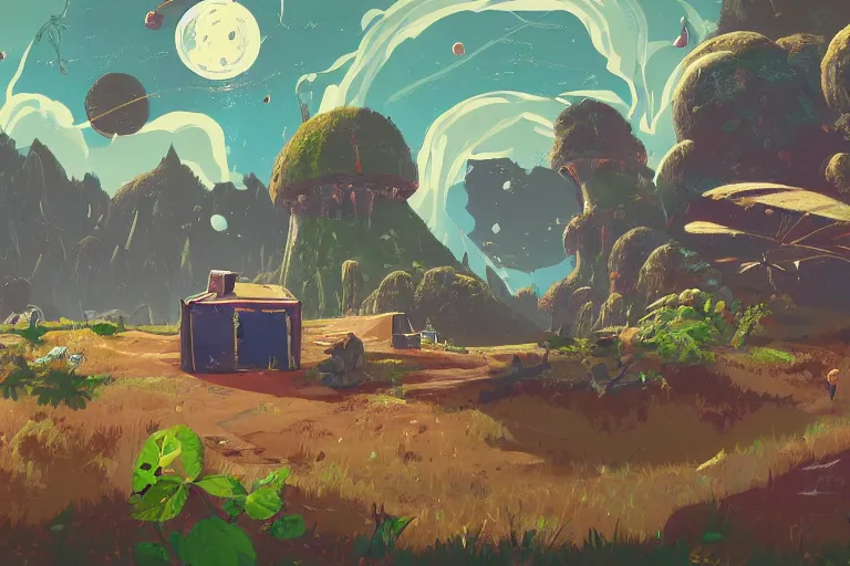 Prompt: detailed game art, a small planet in the future, a Tinker's shack on a barren planet, wild berry vines, a berry farm, space junk, volcanoes, in the style of No Man's Sky and Breath of the Wild