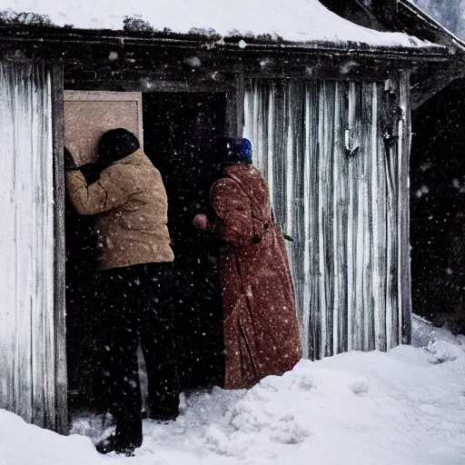 Image similar to a group of people is stuck in a hut while outside there’s a strong snowstorm, cinematic, movie still, film, movie, 35mm, award winning photography