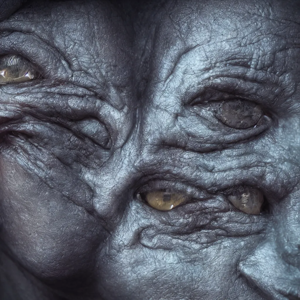 Image similar to a high-resolution extreme closeup portrait photo of an alien, beautiful low light, style Steve McCurry Octane render 8k