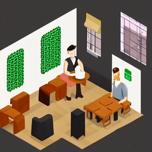 Image similar to isometric cartoon of cannabis leaf cafe, coffee machine, people drinking coffee and smoking cannabis, tables and chairs, by benoit mandelbrot, low poly cute minimal interior design concept art illustrated by anni albers