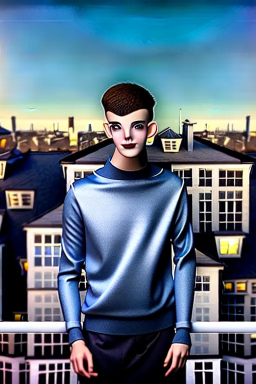 Image similar to un ultra high definition studio quality photographic art portrait of a young man standing on the rooftop of a british apartment building wearing soft padded silver pearlescent clothing. three point light. extremely detailed. golden ratio, ray tracing, volumetric light, shallow depth of field. set dressed.