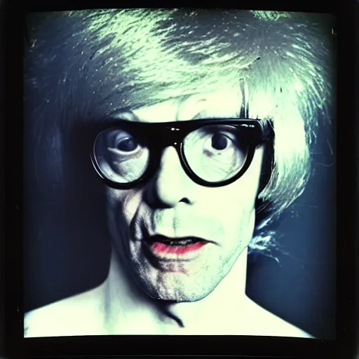 Prompt: Polaroid Portrait of Andy Warhol wearing a Mick Jagger wig and circular framed glasses, taken in the 1970s, photo taken on a 1970s polaroid camera, grainy, real life, hyperrealistic, ultra realistic, realistic, highly detailed, epic, HD quality, 8k resolution, body and headshot, film still, front facing, front view, headshot and bodyshot, detailed face, very detailed face