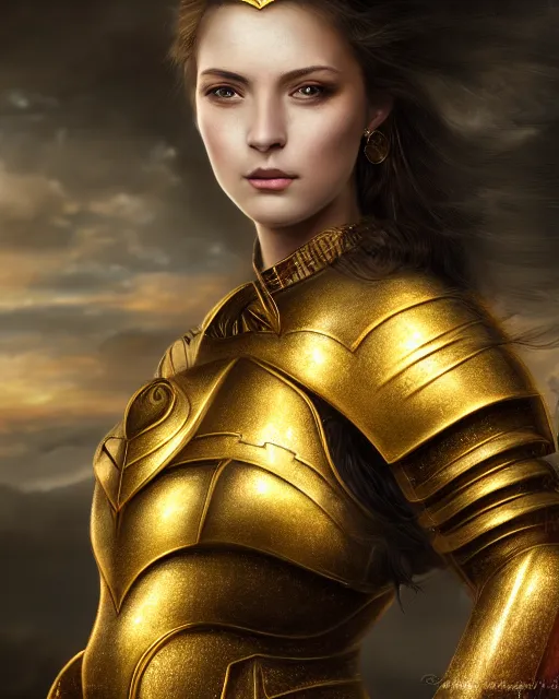 Prompt: matte painting portrait of woman in shining golden armor, high production value, intricate details, high resolution, hdr, high definition, masterpiece, realistic, ultrarealistic, highly detailed, hd, sharp focus, non blurry, sharp, smooth