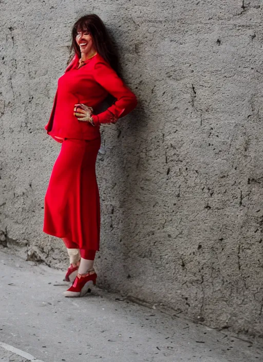 Prompt: color portrait of a beautiful 35-year-old smiling Italian woman, wearing a red outfit, candid street portrait in the style of annie leibovitz medium shot, detailed, award winning, Sony a7R