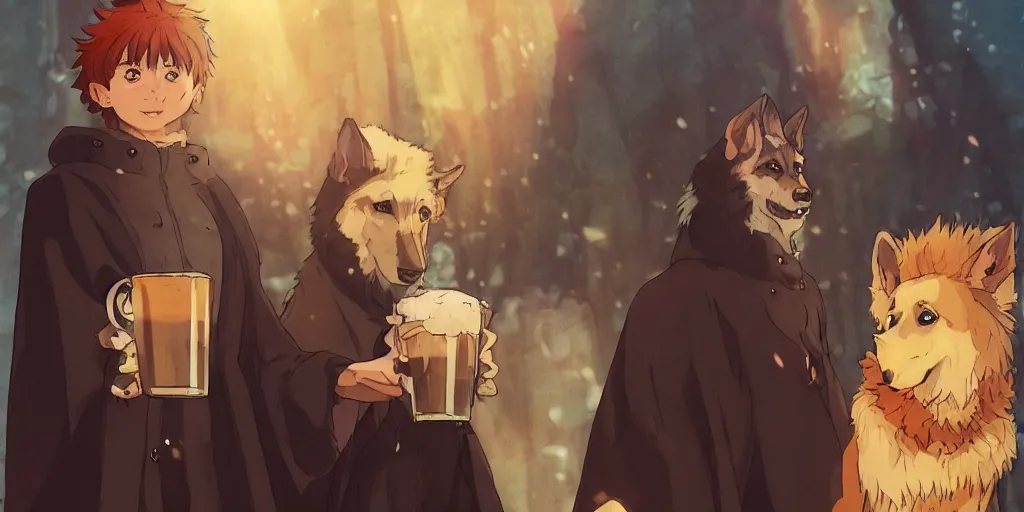 Image similar to a two german shepherds beast - men, holding a mug of beer, a lot of pockets, fur cape, tavern background, magical, bright, colorful, fantastic lighting, amazing details, 4 k uhd, illustration by hayao miyazaki and makoto shinkai and ilya kuvshinov, artstation, pixiv,