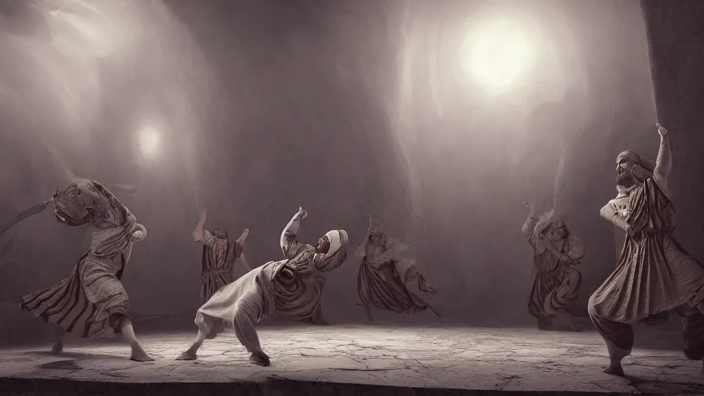 Image similar to tyrkisk sufi dance, sufi, arabic words, bysintine, gothic, 4 k, smokey, michael whelan, peter mohrbache, giovanni paolo panini style epic, volumetric light, insanely detailed, unreal engine render, artstation trends, hyper detail, epic art style, cinematic, concept art, soft white gold lights