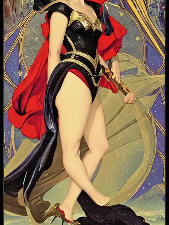 Prompt: Katie Mcgrath as the princess of mars , a beautiful art nouveau portrait by Gil Elvgren, beautiful sci-fi city environment, centered composition, defined features, golden ratio, silver jewellery, stars in her gazing eyes