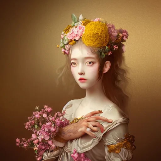 Image similar to 8k, octane render, realism, tonalism, renaissance, rococo, baroque, portrait of a young lady wearing long harajuku manga dress with flowers and skulls, background chaotic gold leaf flowers