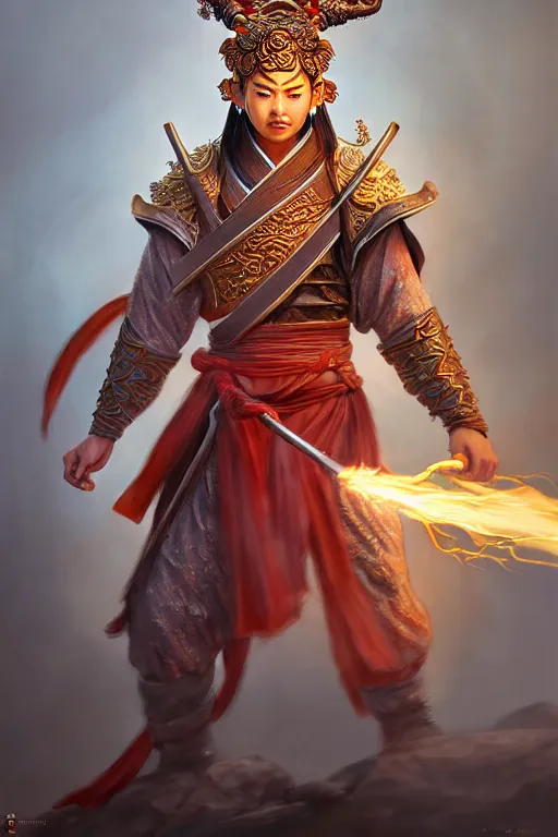 Image similar to charming nezha, highly detailed, man holding spear, flame everywhere, epic pose, masterpiece chinese fantasy character portrait, highly detailed, digital painting, trending on artstation, concept art, sharp focus, illustration, global illumination, ray tracing, realistic shaded, art by artgerm and greg rutkowski and fuji choko and viktoria gavrilenko and hoang lap