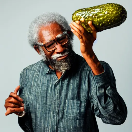 Image similar to An old afro-american man holding a pickle and thinking. Award winning studio photo.