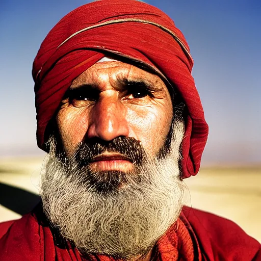 Image similar to portrait of president martin ban biden as afghan man, green eyes and red scarf looking intently, photograph by steve mccurry