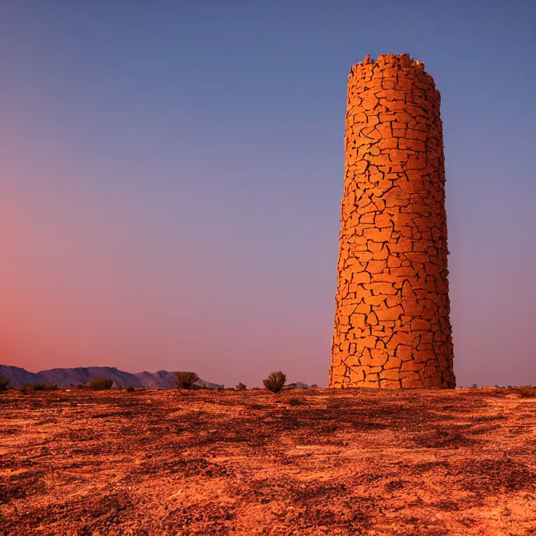 Image similar to cracked dry ground, desert, babel tower in the background, fire, red sky