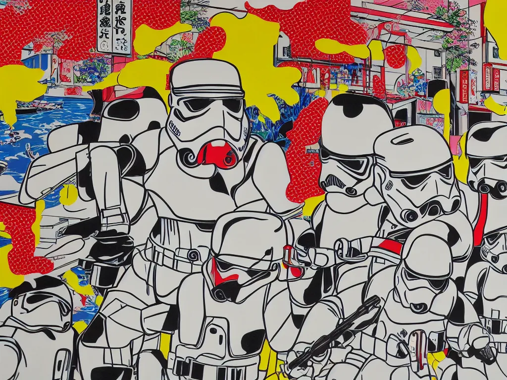 Image similar to hyperrealism composition of the japanese home with a garden, detailed stormtrooper in hot springs, pop - art style, jacky tsai style, andy warhol style, roy lichtenstein style, acrylic on canvas