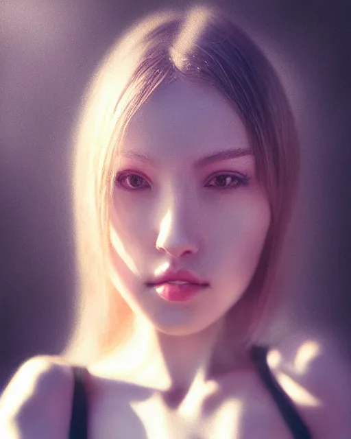 Image similar to polaroid half body portrait of very beautiful woman, realism, extreme detail, real life skin, key art, soft light, volumetric light, 3 - d shadows, photo by wlop and artgerm, photoshoot