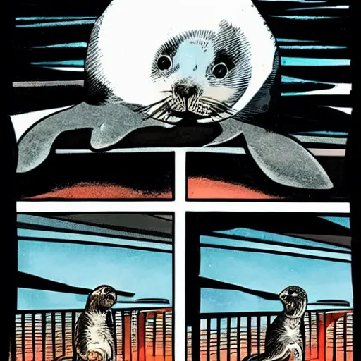 Image similar to baby seal sitting on the edge of a roof looking at the city at night, wide angle, comic book by frank miller