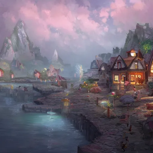 Prompt: a seaside village, fantasy style, trending on artstation