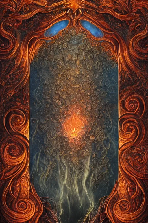 Image similar to A beautiful detailed tarot card, by tomasz alen kopera and Justin Gerard, symmetrical features, ominous, magical realism, texture, intricate, ornate, royally decorated, whirling smoke, embers, red adornements, red torn fabric, radiant colors, fantasy, trending on artstation, volumetric lighting, micro details, 3d sculpture, ray tracing, 8k, anaglyph effect