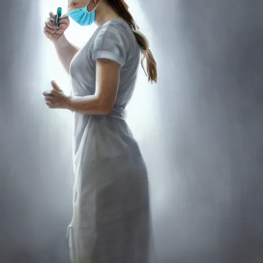 Image similar to epic portrait an female nurse in white dress and short sleeves wearing a mask and holding a syringe, digital painting, artstation, concept art, soft light, hdri, smooth, sharp focus, illustration, fantasy, intricate, elegant, highly detailed, D&D, matte painting, in the style of Greg Rutkowski and Alphonse Mucha and artemisia, 8k, highly detailed, jurgens, rutkowski, bouguereau, pastoral, rustic, georgic, detailed concept art, illustration, colorful pastel, painting, detail, ultra detailed, digital art, 4K,