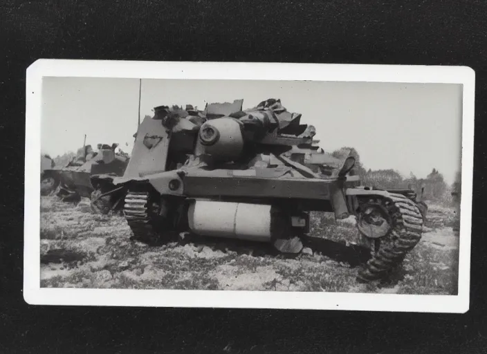 Image similar to found polaroid picture of a world war two 2 with a soviet mech war machine