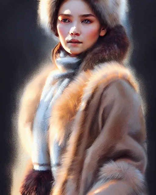 Prompt: a beautiful siberian girl with bear fur coat | | realistic shaded, unpleasant face, bad looking, fine details, realistic shaded lighting poster by greg rutkowski, magali villeneuve, artgerm, jeremy lipkin and michael garmash and rob rey