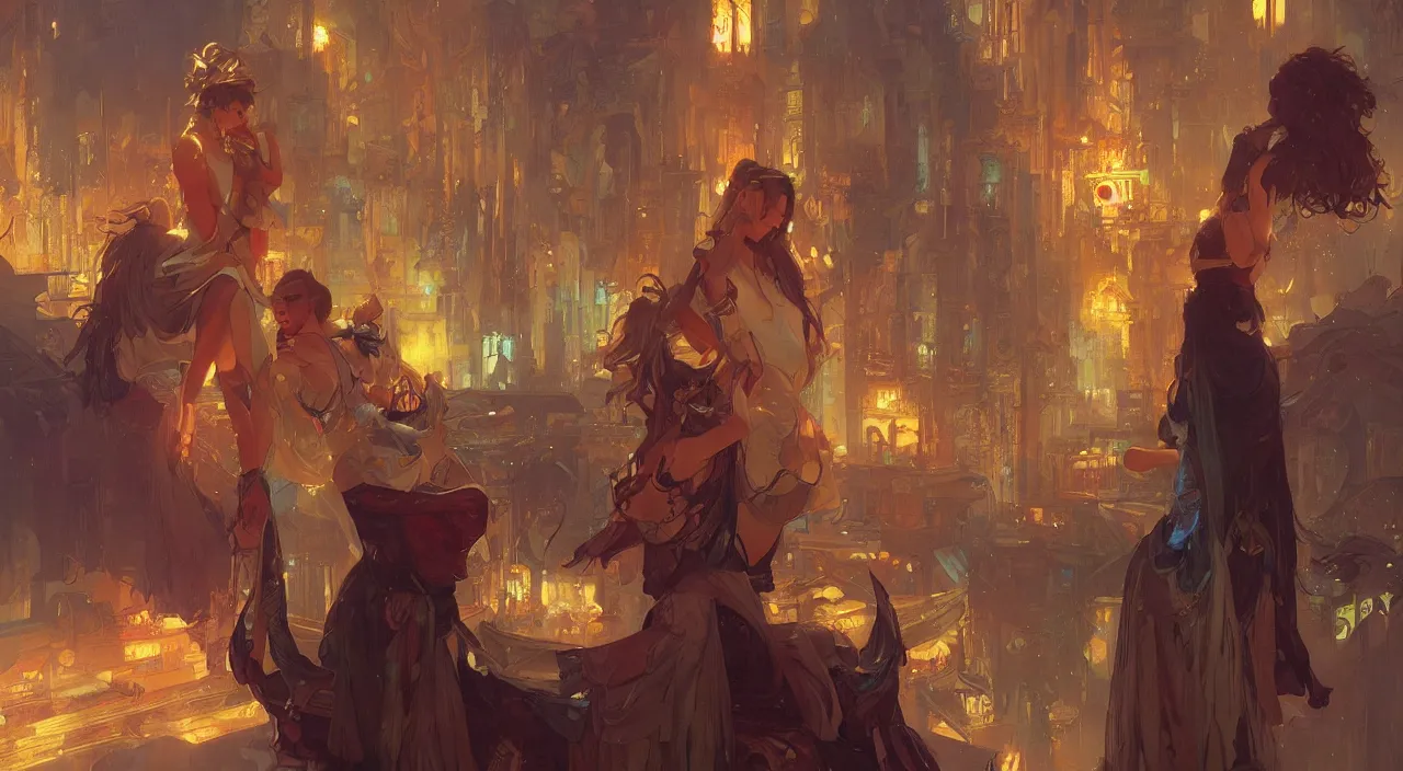 Image similar to bazaar zouk place sky shine digital painting, artstation, concept art, illustration, cinematic lighting, art by artgerm and greg rutkowski and alphonse mucha