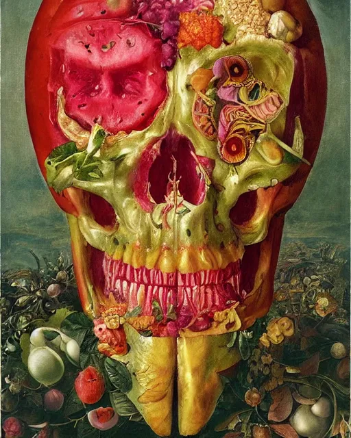 Image similar to interdimensional human watermelon skull being made out of fruits, ethereal still life renaissance painting by giuseppe arcimboldo and alex grey