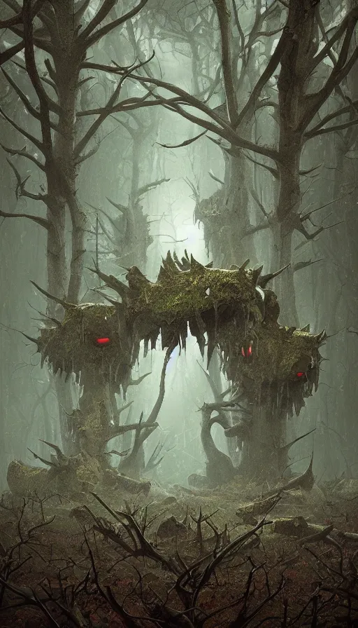 Image similar to a storm vortex made of many demonic eyes and teeth over a forest, by filip hodas