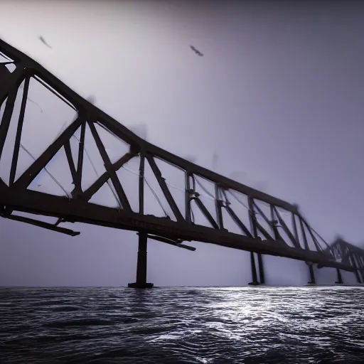 Image similar to cinematic movie still of a container ship in the water under the francis scott key bridge choppy weather with glossy water. there is a feeling of powerful energy in the water. ultrarealistic, cgsociety, 3 d octane render, 8 k, 4 k, ue 5, imax 7 0 mm.