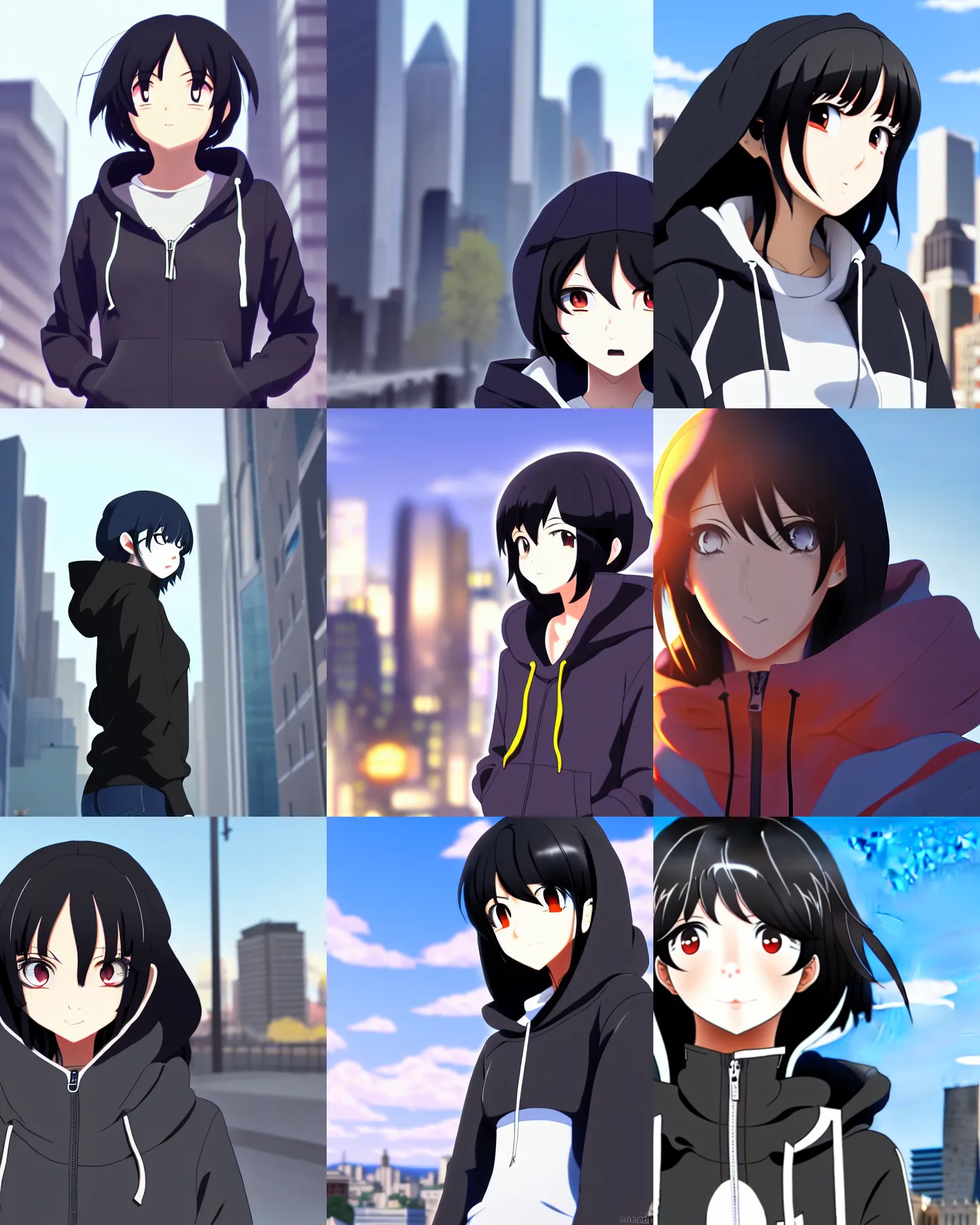 Prompt: black haired girl wearing hoodie, city bright daylight background, anime by shinkai makoto, highly detailed, 4 k, dynamic lighting