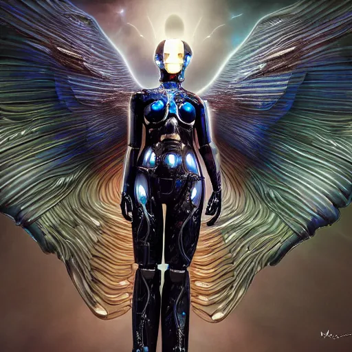 Image similar to UHD photorealistic studio portrait of a cyborg Angel with hyperrealistic Angel wings, futuristic robot angel, extremely detailed, 8k, cinematic lighting, in the style of Max Ernst and Karol Bak, art by Mark Brooks with vivid colors and crisp details