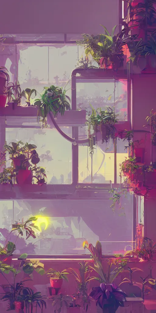 Image similar to lush solarpunk windowsill with plants on it, looking out toward a solarpunk cityscape, vignette of windowsill, detailed digital concept art by anton fadeev and marc simonetti, trending on artstation