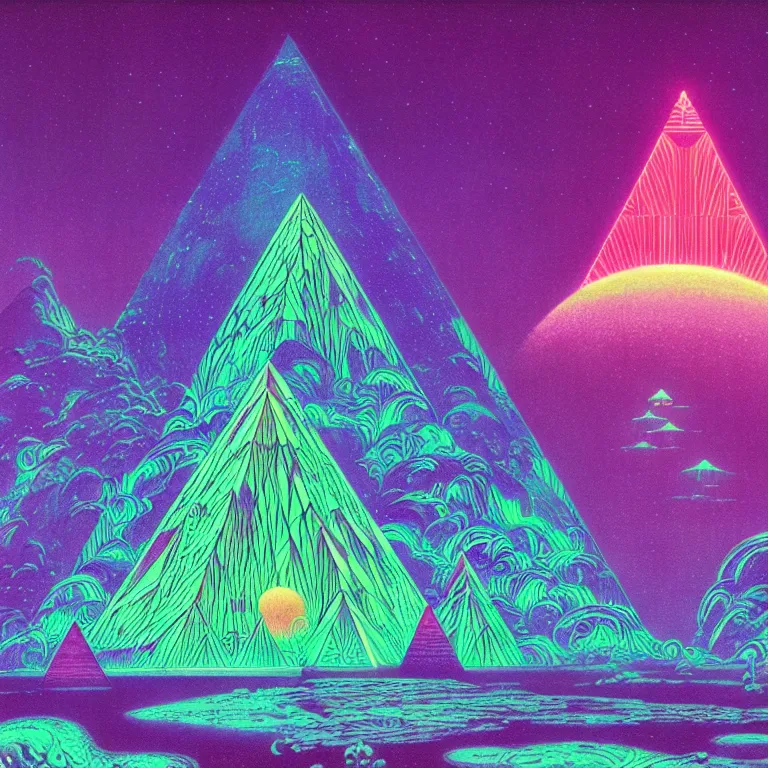 Prompt: mysterious ufo hovers over mythical crystal pyramid, fractal waves, pink ringed moon, bright neon colors, highly detailed, cinematic, eyvind earle, tim white, philippe druillet, roger dean, ernst haeckel, lisa frank, aubrey beardsley