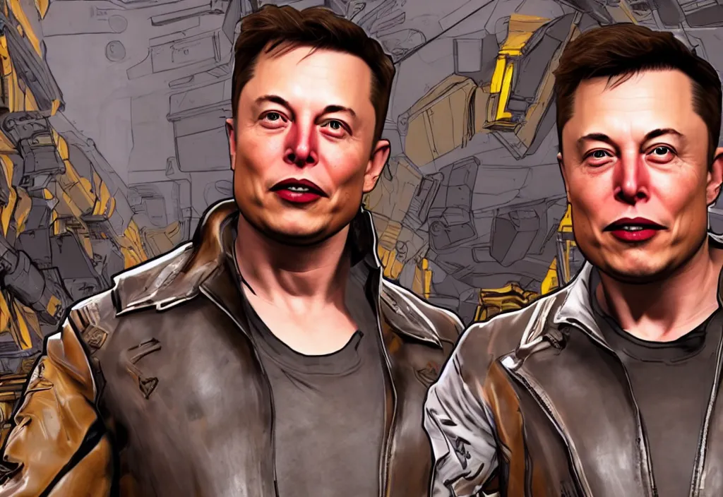 Image similar to elon musk in borderlands elon musk in the video game borderlands, gameplay screenshot, close up, 3 d rendering. unreal engine. amazing likeness. very detailed.