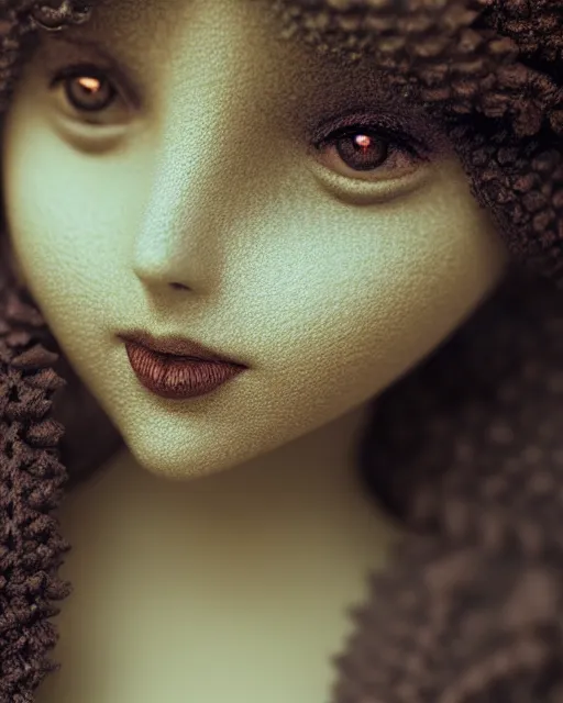 Image similar to macro closeup headshot of a beautiful seductive crochet doll wearing full plate armor, d & d, fantasy, rim light, volumetric lighting, digital painting, artstation, concept art, smooth, sharp focus, illustration, art by arney freytag, glamour pose, greg rutkowski, maxfield parrish and alphonse mucha, sunrise, new art nouveau, soft ambient lighting, particle effects