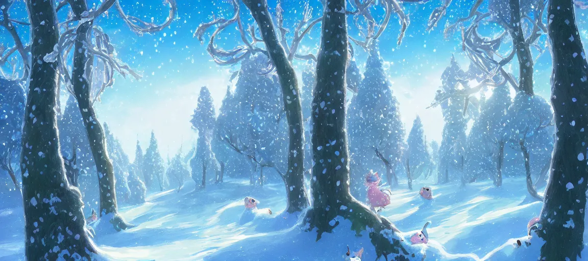 Prompt: high quality illustration of an enchanted magical winter forest::bright sunny day, glowing snow, amazing mood::art by Ghibli Studio, trending on artstation
