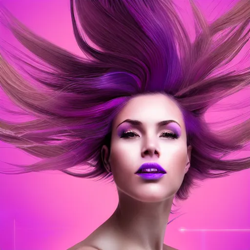 Prompt: a award winning action upper body portrait of a beautiful woman with a ombre purple pink hairstyle with head in motion and hair flying, outrun, vaporware, vivid colors, highly detailed, fine detail, intricate