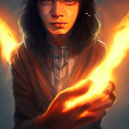 Image similar to a stunning portrait of a young human wizard, forming a burning hand spell, digital art 4 k trending on artstation