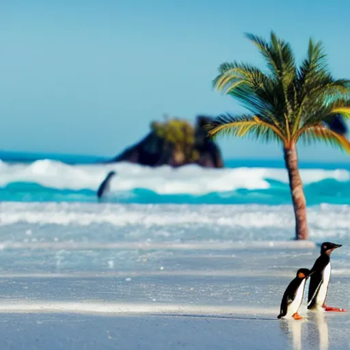 Image similar to photo of penguins on a tropical beach, palm trees, 50mm, beautiful photo