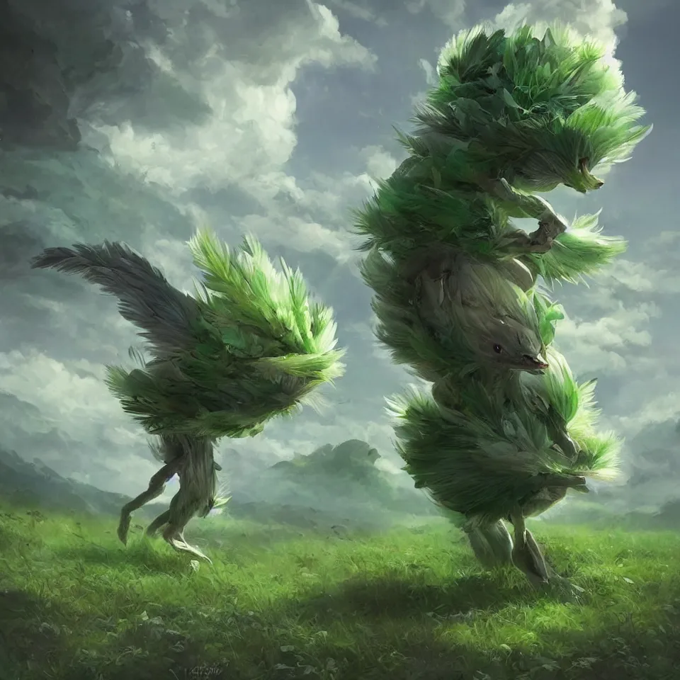 Image similar to a cute beautiful earth type pokemon, green feathers bursting out of his hair, full body shot, highly detailed digital art, 3 d perspective, award - winning illustration, aesthetic, smooth, pokemon style, made by greg rutkowski, with an alien landscape in the background