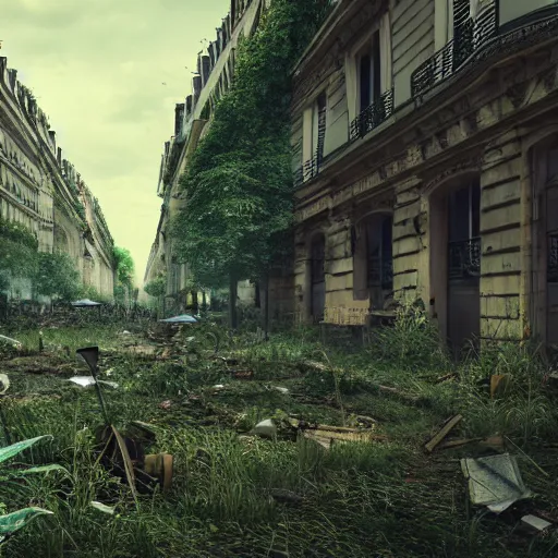 Prompt: overgrown paris in ruins, highly detailed, 4k, HDR, award-winning, artstation, octane render